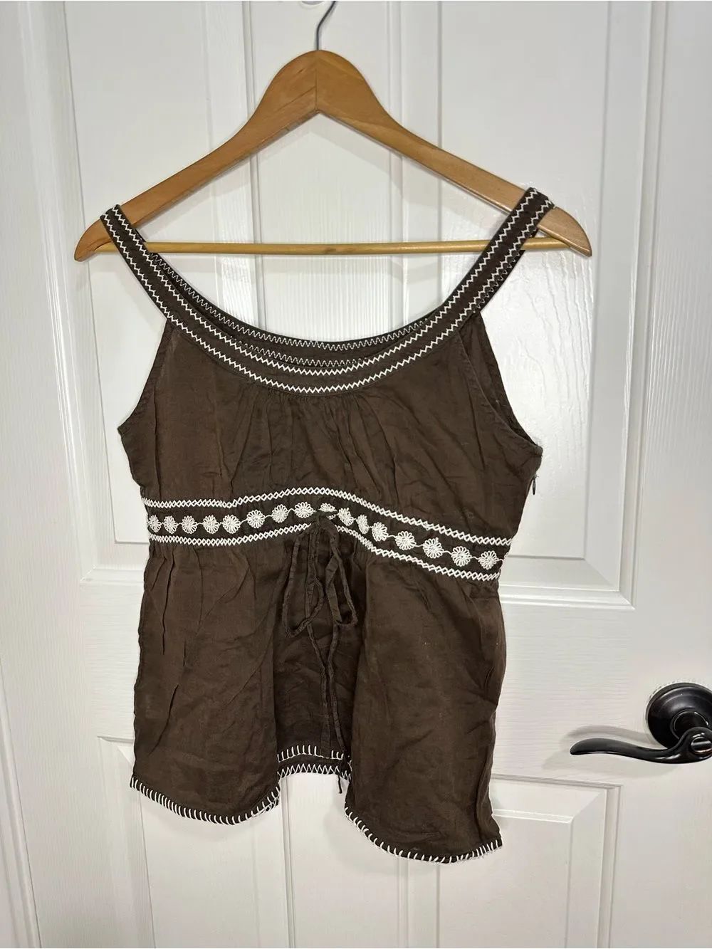 Y2K Old Navy Chocolate Brown White Floral Embroidered Baby Doll Cami Top Sz M